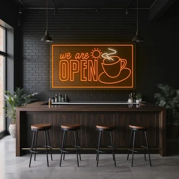 neon sign coffee cup we are open text cafe decor 2