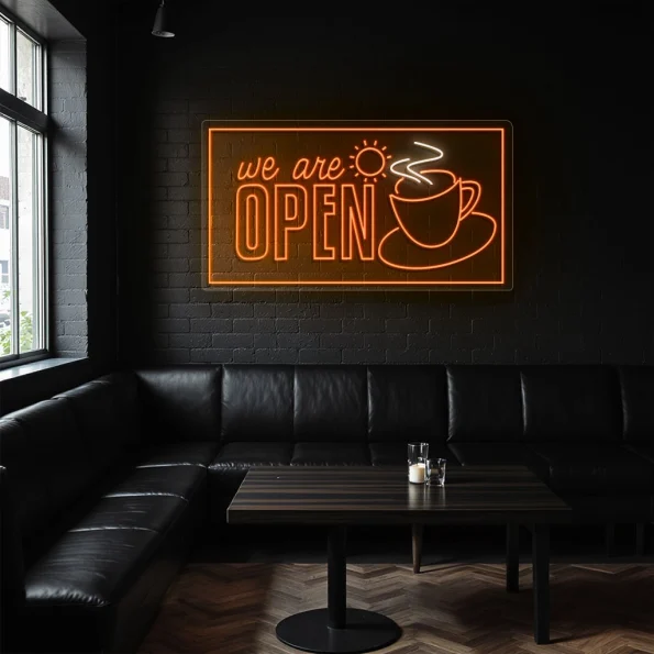neon sign coffee cup we are open text cafe decor 3