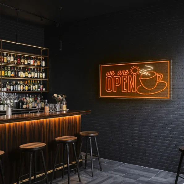 neon sign coffee cup we are open text cafe decor 4