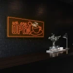neon sign coffee cup we are open text cafe decor 1