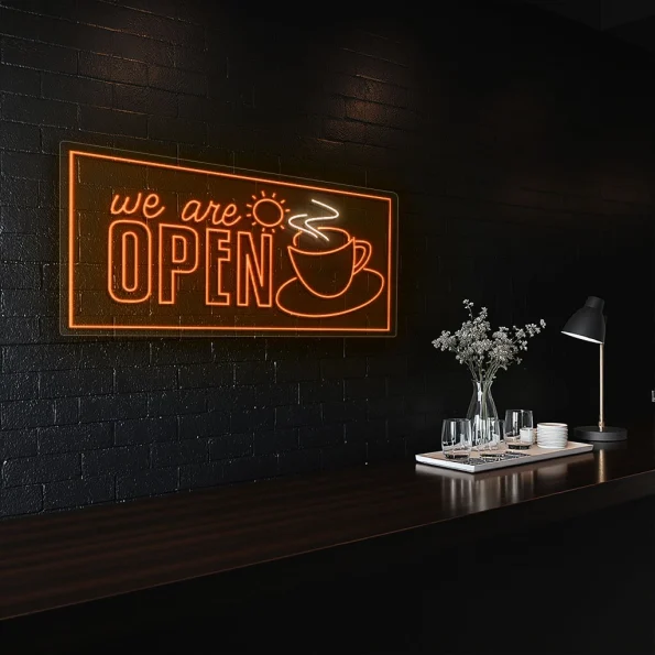 neon sign coffee cup we are open text cafe decor 5