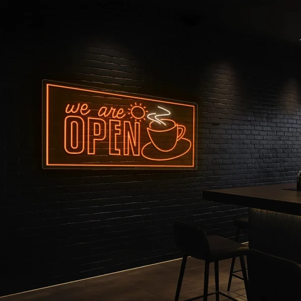 neon sign coffee cup we are open text cafe decor 6