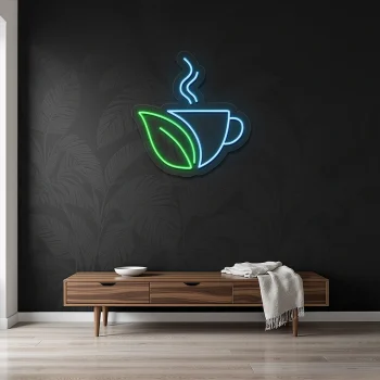 neon sign coffee cup with leaf shape wall decor 1