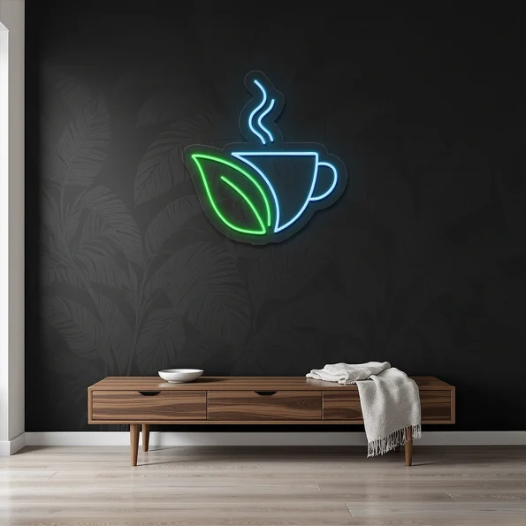neon sign coffee cup with leaf shape wall decor 1