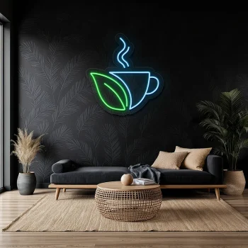 neon sign coffee cup with leaf shape wall decor 2