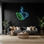 neon sign coffee cup with leaf shape wall decor 1