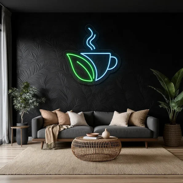 neon sign coffee cup with leaf shape wall decor 3