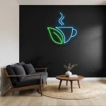 neon sign coffee cup with leaf shape wall decor 1