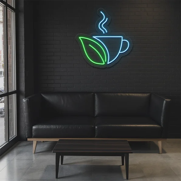neon sign coffee cup with leaf shape wall decor 6