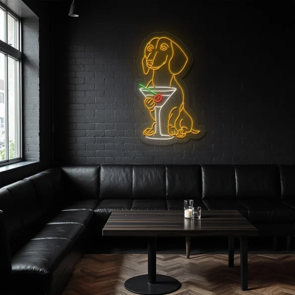 neon sign dog holding martini glass bar decor 2