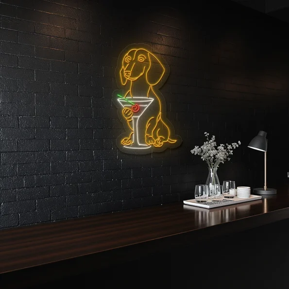 neon sign dog holding martini glass bar decor 4
