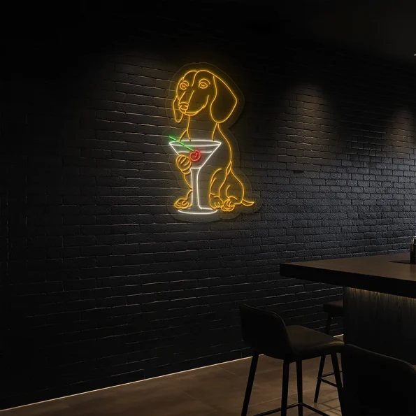 neon sign dog holding martini glass bar decor 5