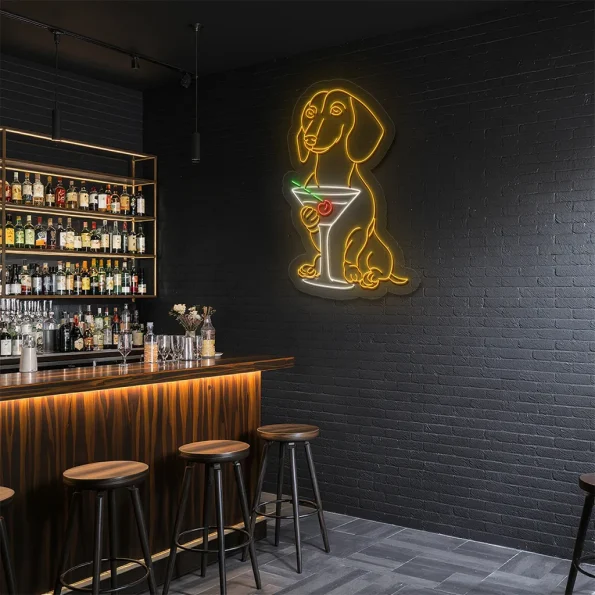 neon sign dog holding martini glass bar decor 6