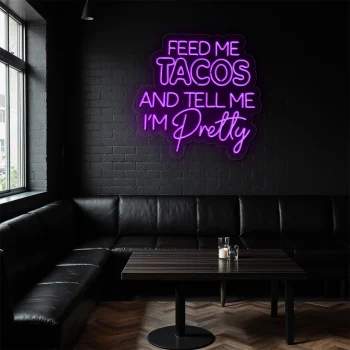 neon sign feed me tacos text purple wall decor 1