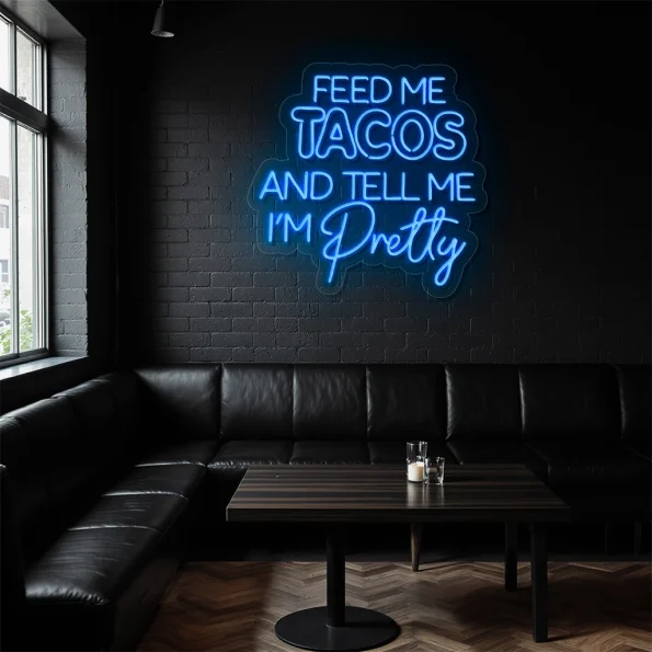 neon sign feed me tacos text purple wall decor 4