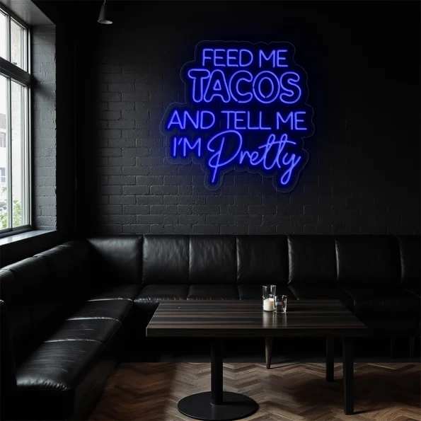 neon sign feed me tacos text purple wall decor 6