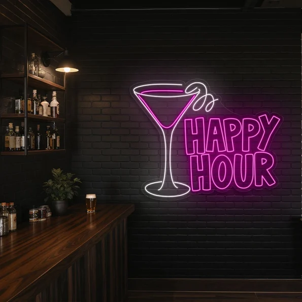 neon sign happy hour cocktail glass bar decor 1