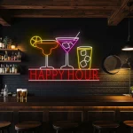 neon sign happy hour cocktail glasses bar decor 1