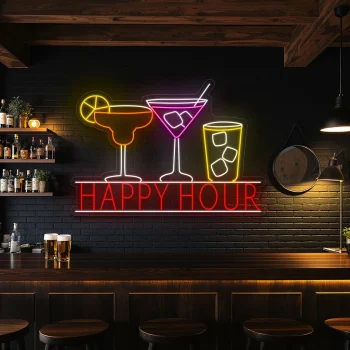 neon sign happy hour cocktail glasses bar decor 1