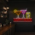 neon sign happy hour cocktail glasses bar decor 1
