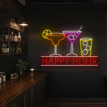 neon sign happy hour cocktail glasses bar decor 2