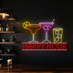 neon sign happy hour cocktail glasses bar decor 1
