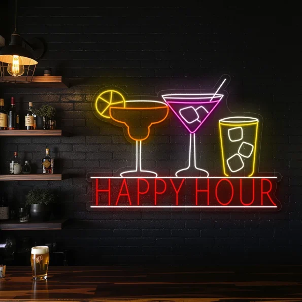neon sign happy hour cocktail glasses bar decor 3
