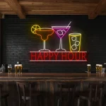 neon sign happy hour cocktail glasses bar decor 1