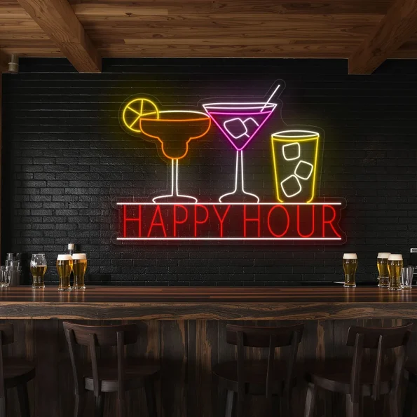 neon sign happy hour cocktail glasses bar decor 5