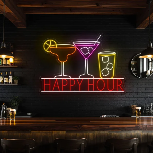 neon sign happy hour cocktail glasses bar decor 6