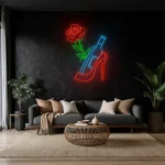 neon sign high heel shoe with wine bottle and rose bar decor 1