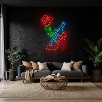 neon sign high heel shoe with wine bottle and rose bar decor 1
