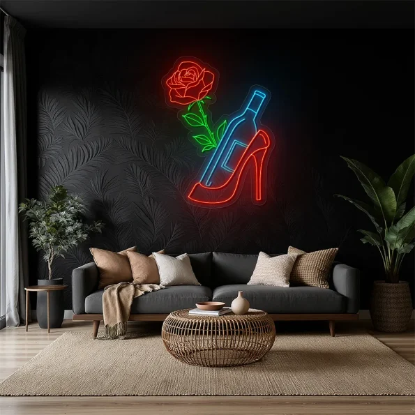neon sign high heel shoe with wine bottle and rose bar decor 1