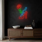 neon sign high heel shoe with wine bottle and rose bar decor 1