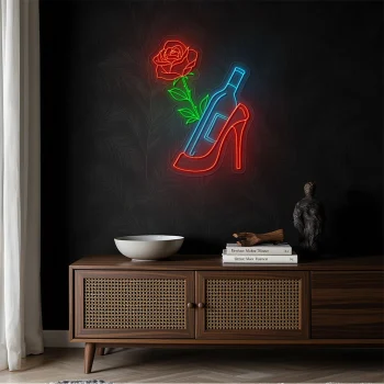 neon sign high heel shoe with wine bottle and rose bar decor 2