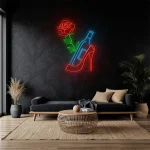 neon sign high heel shoe with wine bottle and rose bar decor 1