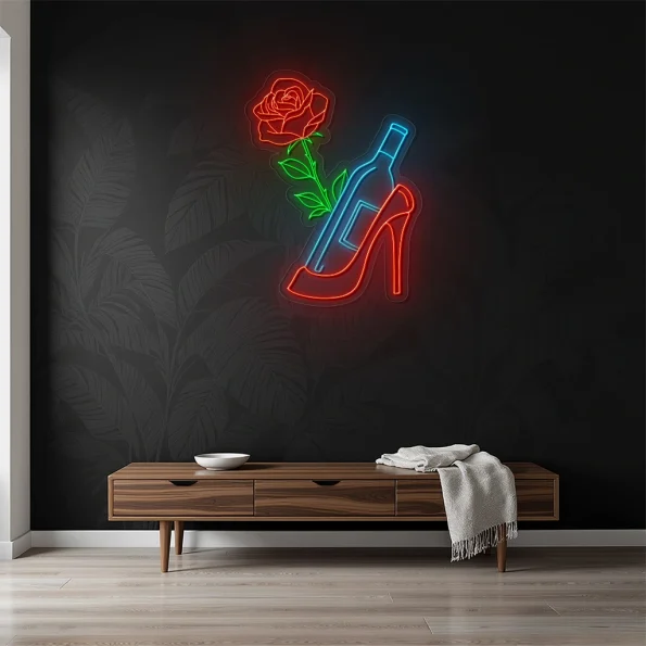 neon sign high heel shoe with wine bottle and rose bar decor 4