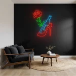 neon sign high heel shoe with wine bottle and rose bar decor 1