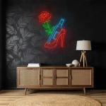 neon sign high heel shoe with wine bottle and rose bar decor 1