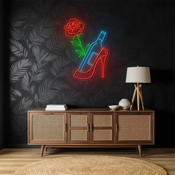 neon sign high heel shoe with wine bottle and rose bar decor 6