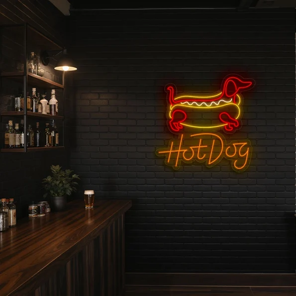 neon sign hot dog outline with text fast food decor 2