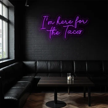 neon sign i m here for the tacos text purple restaurant decor 1