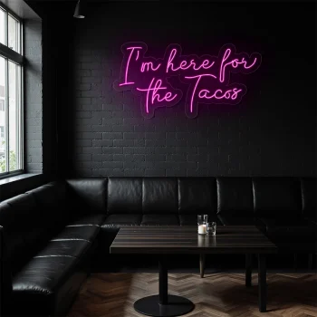 neon sign i m here for the tacos text purple restaurant decor 2