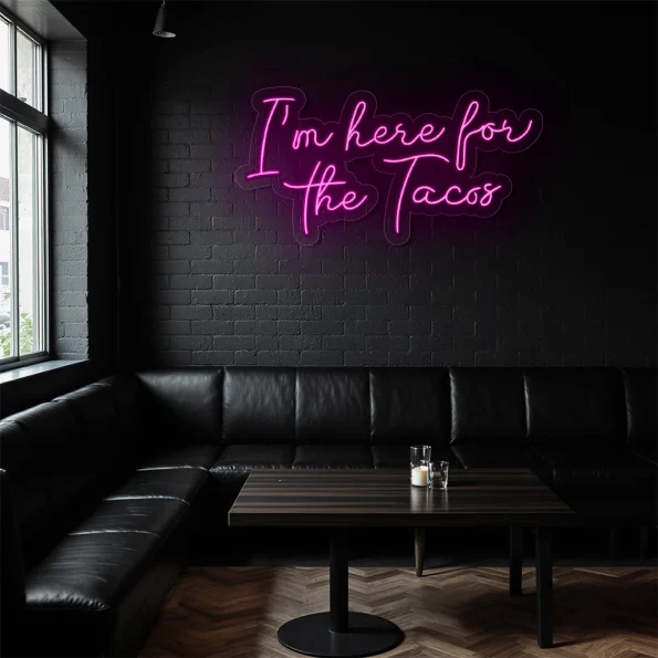 neon sign i m here for the tacos text purple restaurant decor 2