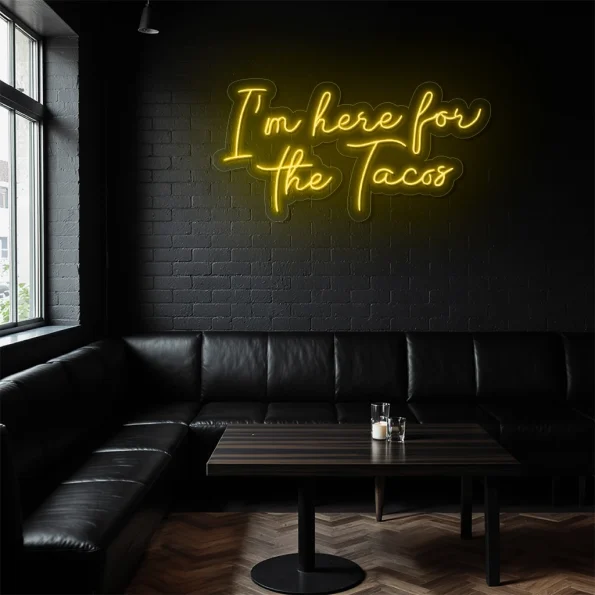 neon sign i m here for the tacos text purple restaurant decor 4