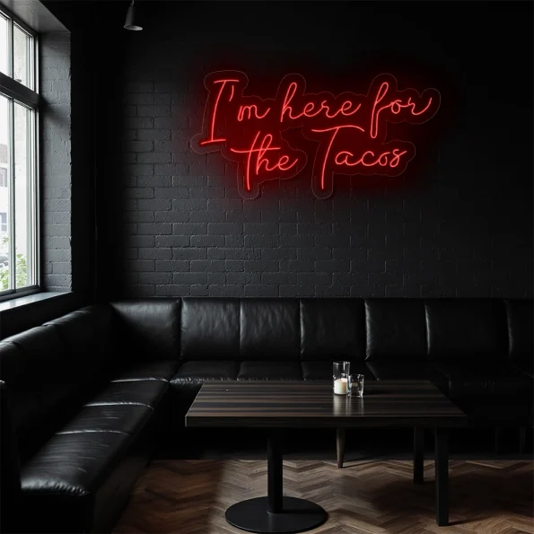neon sign i m here for the tacos text purple restaurant decor 6