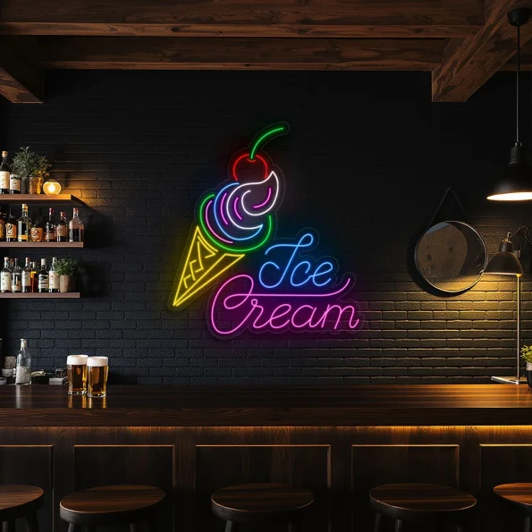 neon sign ice cream cone with cherry neon wall art bar decor 1