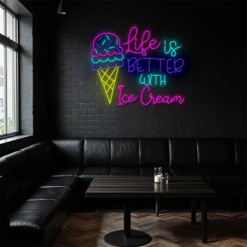 neon sign ice cream cone with life is better text wall decor 1