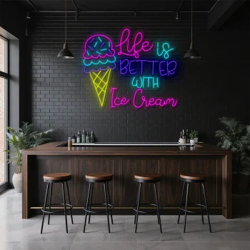 neon sign ice cream cone with life is better text wall decor 2