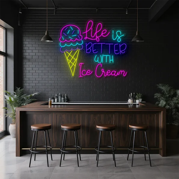 neon sign ice cream cone with life is better text wall decor 2